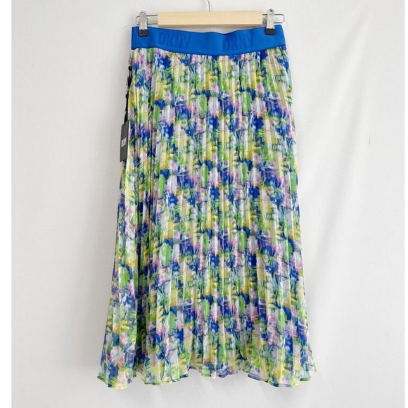 DKNY Womens Floral Printed Pull On Midi Pleated Skirt  Logo Waist Band Blue S - Picture 3 of 5
